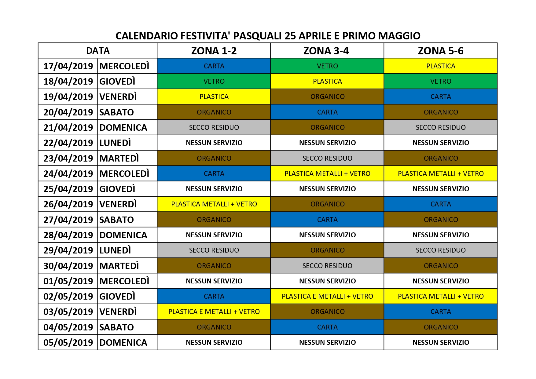 CALENDARIO FESTIVITA PASQAULI 2019